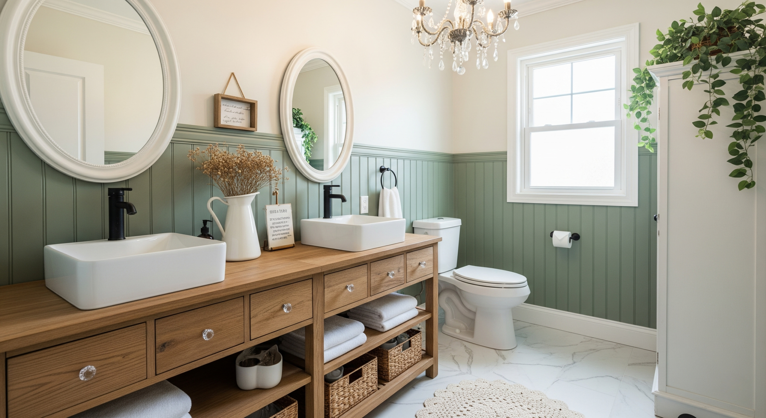 A stylish bathroom with a wooden double vanity featuring two white sinks, black faucets, and oval mirrors, complemented by green wainscoting, a chandelier, and decorative plants.
